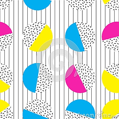 CIRCLE MEMPHIS STYLE SEAMLESS PATTERN. GEOMETRIC ELEMENTS TEXTURE. 80S-90S DESIGN ON WHITE BACKGROUND. Vector Illustration