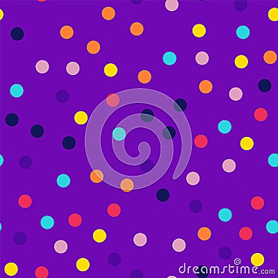 Memphis style polka dots pattern on purple. Vector Illustration