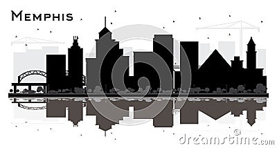 Memphis Tennessee Skyline Silhouette with Black Buildings and Reflections Isolated on White Stock Photo