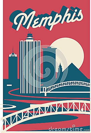 Memphis Tennessee USA skyline postcard Cartoon Illustration
