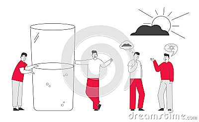 Men with Bad and Good Thoughts in Head Stand at Huge Half Full or Empty Glass with Water. Positive and Negative Thinking Vector Illustration