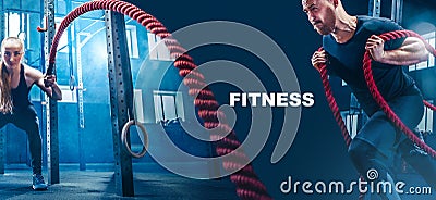 Men with battle rope battle ropes exercise in the fitness gym. Stock Photo