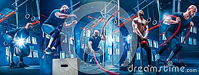 Men with battle rope battle ropes exercise in the fitness gym. Stock Photo