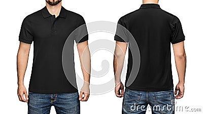 Men in blank black polo shirt, front and back view, white background. Design polo shirt, template and mockup for print. Stock Photo