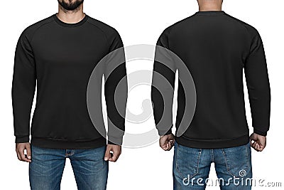 Men in blank black pullover, front and back view, white background. Design sweatshirt, template and mockup for print. Stock Photo