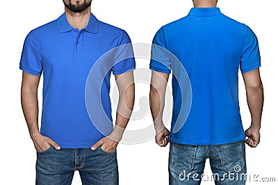 Men in blank blue polo shirt, front and back view, isolated white background. Design polo shirt, template and mockup for print. Stock Photo