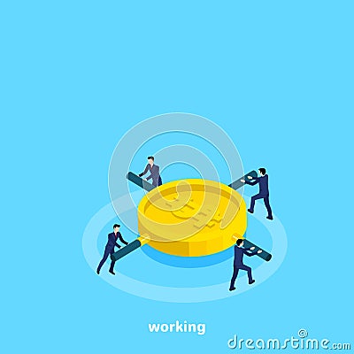 Men in business suits twist a coin flywheel Vector Illustration