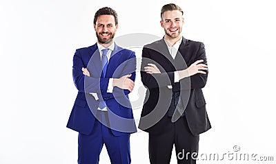 Men businessman formal suit stand confidently with crossed arms white background. Confident business bosses. Join Stock Photo