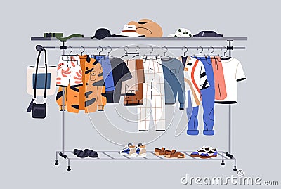 Men capsule wardrobe with summer casual clothes on hangers, racks and shelves. Male fashion garments, footwear and Vector Illustration