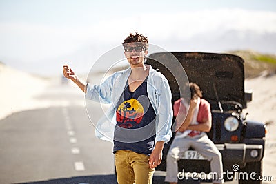 Men, car or thumbs up for breakdown outdoor with crisis, engine problem or frustrated for help in desert. People Stock Photo