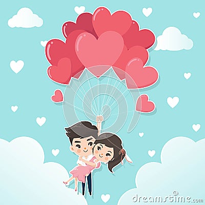 Couples hold hearts shaped balloon. Vector Illustration