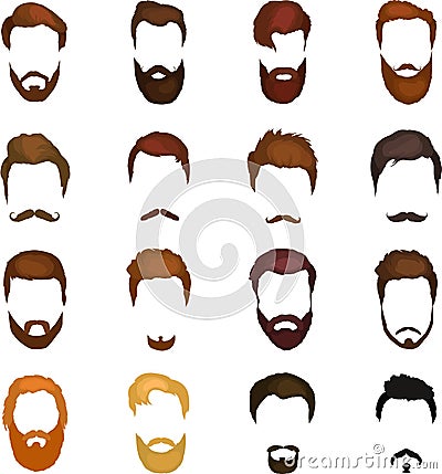 Men cartoon hairstyles with beards and mustache background. Vector illustration with hipsters hairstyles icons Vector Illustration