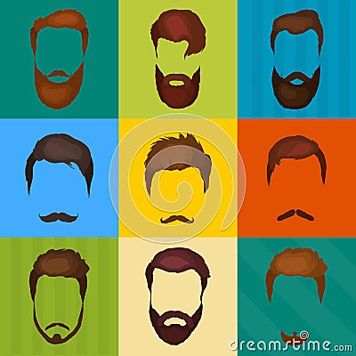 Men cartoon hairstyles with beards and mustache background. Vector illustration with isolated hipsters hairstyles icons Vector Illustration