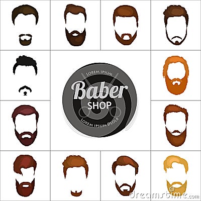 Men cartoon hairstyles with beards and mustache background. Vector illustration with isolated hipsters hairstyles icons Vector Illustration