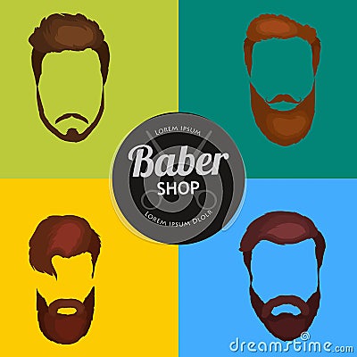 Men cartoon hairstyles with beards and mustache.Vector illustration with isolated hipsters hairstyles on a white Vector Illustration