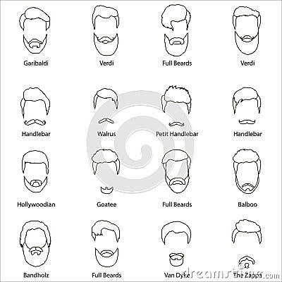 Men cartoon hairstyles with beards and mustache.Vector illustration with isolated hipsters hairstyles on a white Vector Illustration