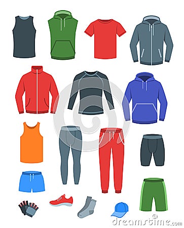 Men casual clothes for fitness training. Basic garments for gym workout. Vector flat illustration. Outfit for active modern man. Vector Illustration