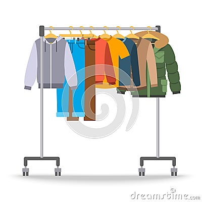 Men casual warm clothes on hanger rack Vector Illustration