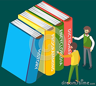 Men choose books in online library or bookstore, stand near stack of large multi-colored books Stock Photo