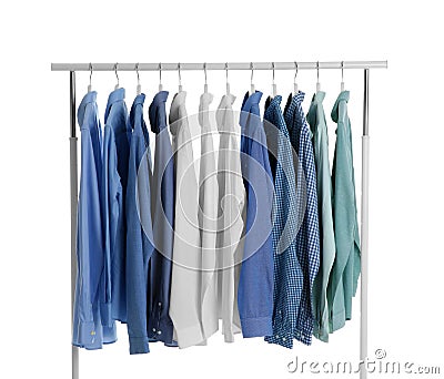 Men clothes hanging on wardrobe rack Stock Photo