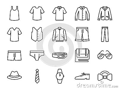 Men clothes icon set. Included the icons as shorts, workwear, fashion, jean, shirt, pants, accessories and more. Vector Illustration
