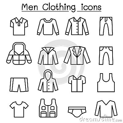 Men clothes icon set in thin line style Vector Illustration