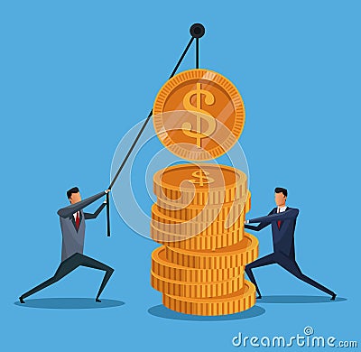 Men collaboration finance coin lifting Vector Illustration
