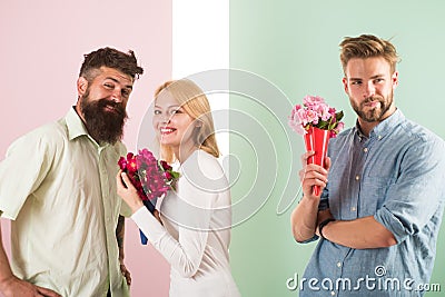 Men competitors with bouquets flowers try conquer girl. Broken heart concept. Girl smiling made her choice. Woman happy Stock Photo