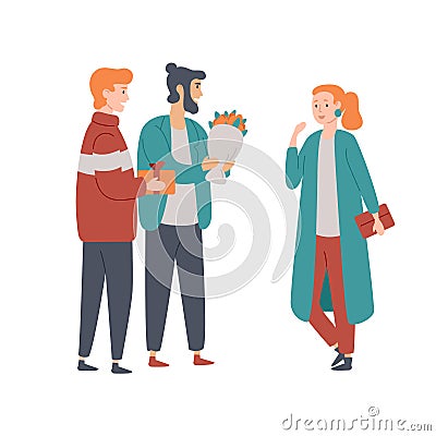 Men congratulate a woman on the holiday and give flowers. Vector Illustration