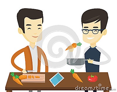 Men cooking healthy vegetable meal. Vector Illustration