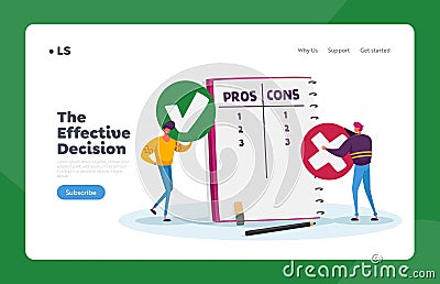 Men Count Advantages, Disadvantages Landing Page Template. Tiny Male Characters with Huge Check Mark Make Decision Vector Illustration