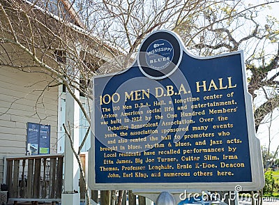 100 Men DBA Hall Sign on the Mississippi Blues Trail Editorial Stock Photo