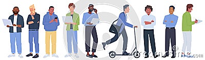 Men of different ages and races in business and casual outfits busy with any activity Cartoon Illustration
