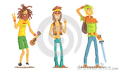 Men of Different Subcultures Set, Hippie, Rastafarian, Tolkienist Male Characters Vector Illustration Vector Illustration