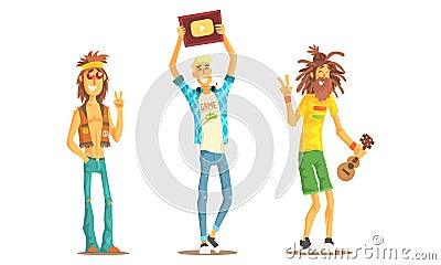 Men of Different Subcultures Set, Male Rastafarian, Blogger, Hippie Characters Cartoon Vector Illustration Vector Illustration