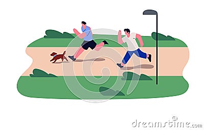 Men and dog running in park. People and doggy jogging outdoors in summer. Runners, pet owners training in nature. Guys Vector Illustration