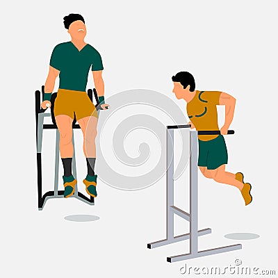 Men doing triceps dip on parallel bars.Professional male sportsmen training on parallel bars Vector Illustration