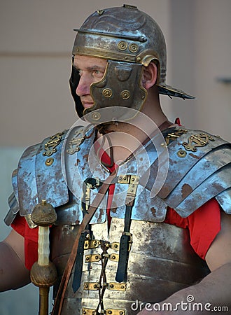 Men dressed as Roman soldier for tourists in the Old Town of Pula Editorial Stock Photo