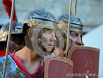 Men dressed as Roman soldier for tourists in the Old Town of Pula Editorial Stock Photo