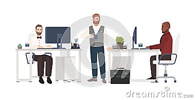 Men dressed in business clothes working at office. Male cartoon characters standing, drinking coffee and sitting at Vector Illustration