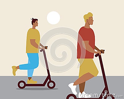 Men on an e-scooter, Flat vector stock illustration with riding a scooter as an eco-friendly transport for the street Cartoon Illustration