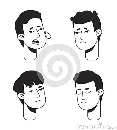 Men emotional problems flat line monochromatic vector character heads pack Cartoon Illustration