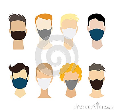 Men face collection without eyes with a medical mask. Vector boys avatar set with different hair style. Flat concept to Vector Illustration