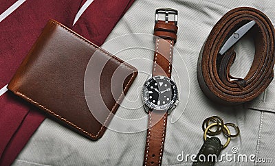 Men fashion and accessories, Wrist watch with brown leather strap, Stylish men stuffà¹ƒ Stock Photo