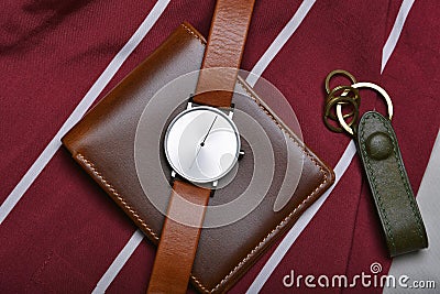 Men fashion and accessories, Wrist watch with brown leather strap, Stylish men stuff, Fashion watch Stock Photo