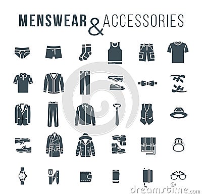 Men fashion clothes and accessories flat outline vector icons Vector Illustration