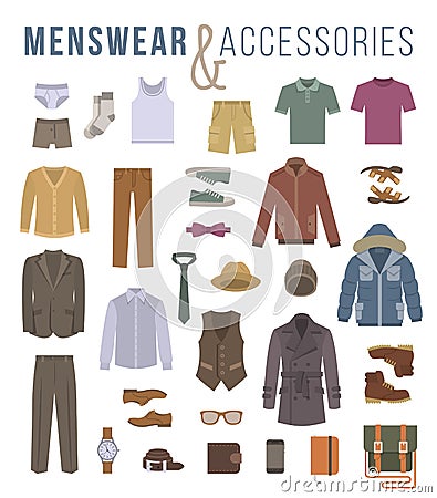 Men fashion clothes and accessories flat vector icons Vector Illustration