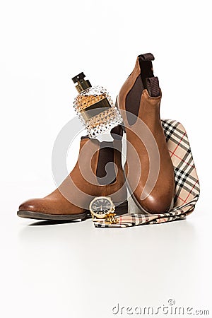 Men fashion. Men accessories. Men shoes,watch, bow tie, perfume. Stock Photo