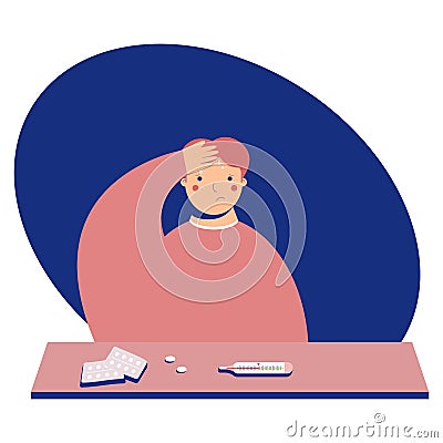 Men with fever. Concept of home treatment. Sick boy in flat style Vector Illustration
