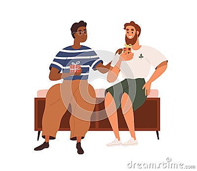 Men friends exchanging gift boxes. Happy guys presenting, giving, receiving surprises for holiday. Biracial couple hold Vector Illustration